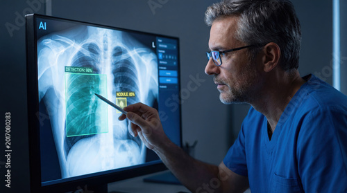 Clinician reviews chest radiograph with artificial intelligence highlighting
