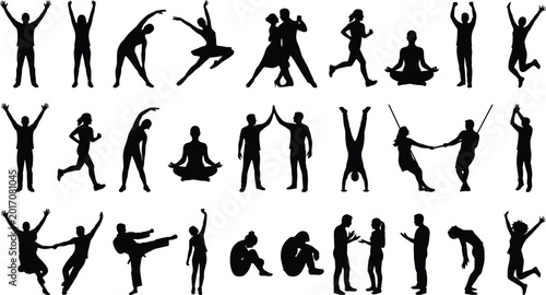 Bilde på lerret Collection of active people silhouettes featuring yoga dance running jumping fit