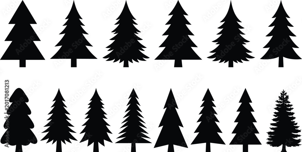 Obraz premium Evergreen Pine Tree Silhouette Collection with Minimal Forest Shapes for Christmas Nature and Vector Design Projects