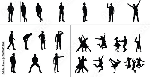 Fotografie Collection of male and dancing people silhouettes featuring standing walking jum