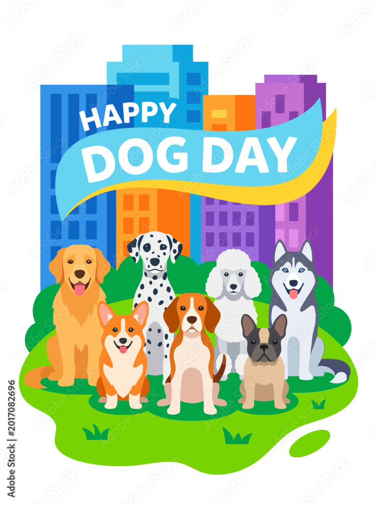 Fototapeta premium Colorful Happy Dog Day Illustration with Diverse Dog Breeds in City Park.