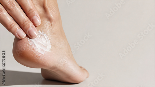 woman applying moisturizer cream on dry cracked heel. Skin care treatment for foot health and dermatology. Professional cosmetic product for cracked skin relief and hydration routine