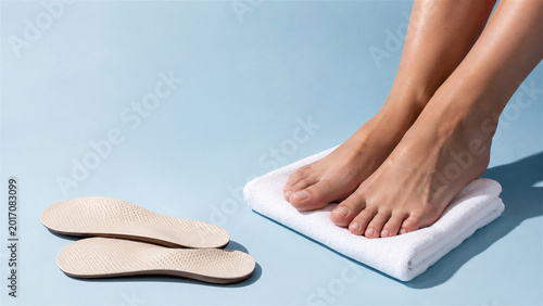woman standing on white towel with orthopedic insoles nearby. Foot health and posture correction concept. Comfortable footwear insert for arch support and relief of foot pain
