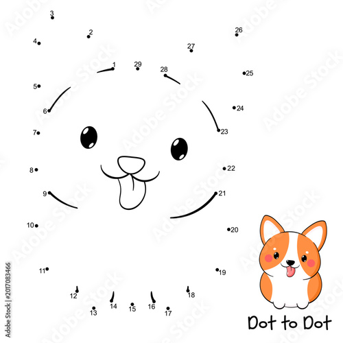 Connect The Dots and Draw Cute Dog. Dot to dot puzzle - cartoon little puppy. Educational Game for Kids. Drawing for Preschool children. Vector Illustration EPS8