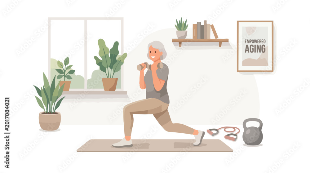 Fototapeta premium Senior woman exercising with dumbbells at home.