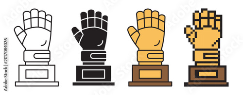 Vector icon set of goalkeeper golden glove trophy. Includes line art with editable stroke, solid silhouette, flat color, and pixel art styles isolated on white background.