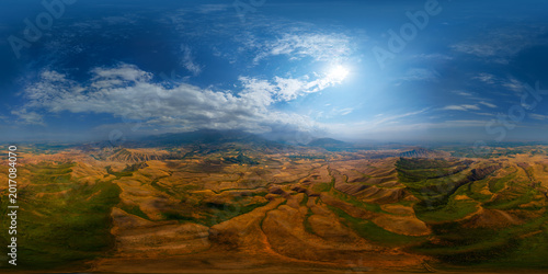 Full spherical panorama of serene mountain landscape, aerial 360 degrees view