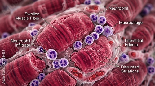 A microscopic view of muscle tissue with immune cells and signs of inflammation