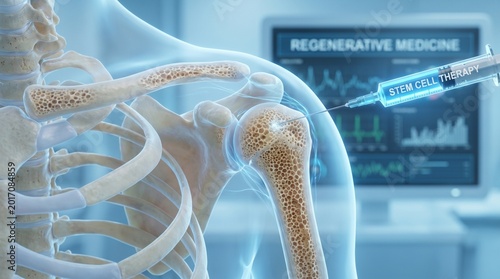 A detailed 3D render of stem cell therapy being applied to a shoulder joint
