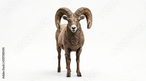 Majestic Ram Front View with Curved Horns Isolated on White Background
