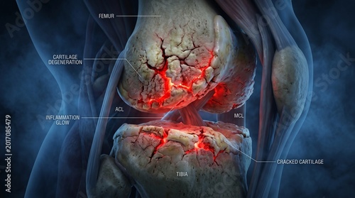 Detailed medical illustration of a knee joint showing anatomy and inflammation