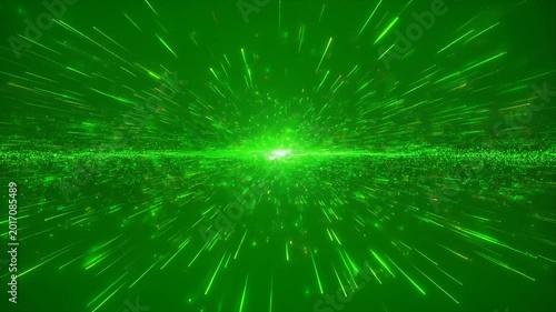 Vibrant green abstract background with glowing particles and light streaks radiating from a central bright point, creating a dynamic and energetic visual effect.