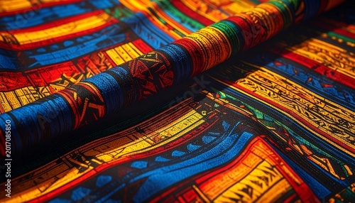 Vibrant woven kente cloth strips with geometric patterns in warm colors