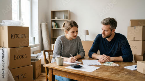 Couple calculating moving expenses in their new home. Young man and woman planning budget with cardboard boxes in background