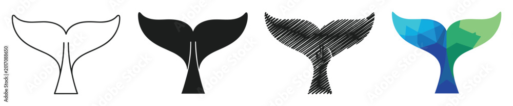 Naklejka premium Whale tail icons in outline solid scribble geometric forms for marine ocean themes