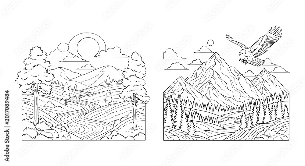 Fototapeta premium Vector illustration of two landscape scenes with mountains and trees