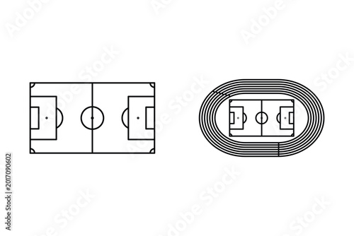 PrintRunning athletics track with soccer stadium. Top view of arena field with lines and marks. Stadium, race track, arena and field or cycling venue, field for sports competitions. Vector

