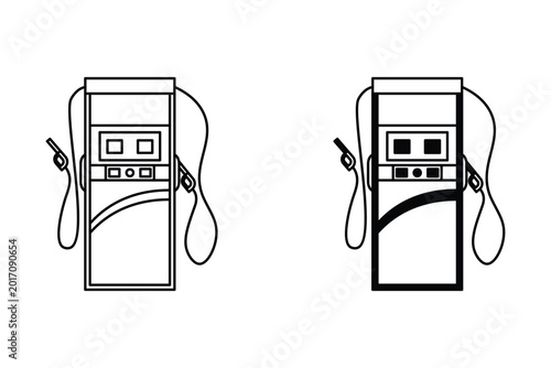 Gasoline pump or fuel dispenser set with nozzle and digital display screen, representing the business concepts of transportation, energy, vehicle refueling, and gas stations. 