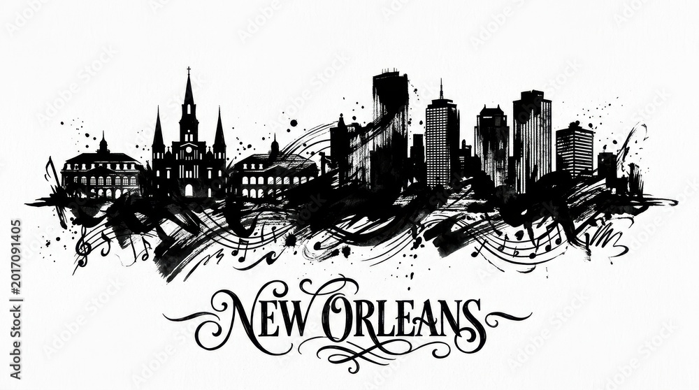 Fototapeta premium New Orleans skyline silhouette featuring St. Louis Cathedral and downtown towers, artistic black and white ink design, expressive lettering below reading 
