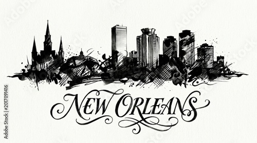 New Orleans skyline silhouette featuring St. Louis Cathedral and downtown towers, artistic black and white ink design, expressive lettering below reading 
