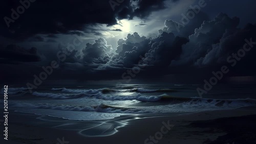 Moonlit Ocean Scene Under Dramatic Clouds with Waves Crashing on Sandy Shore at Night