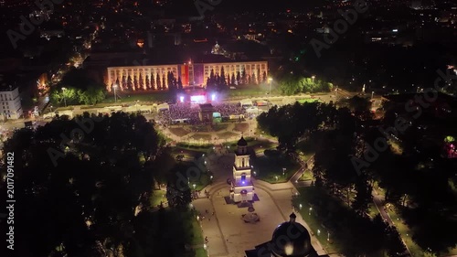 Night aerial view of concert near Chisinau Cathedral and Bell Tower in city center