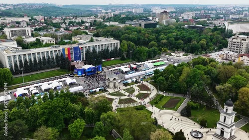 Aerial panoramic view of Chisinau central square and government building during public event
