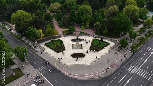 Aerial push in toward Stephen the Great monument in Chisinau Moldova