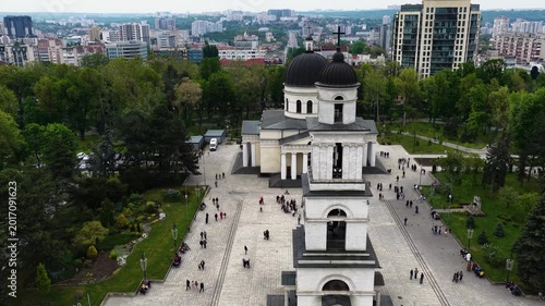 Cinematic side movement around Chisinau Cathedral and Bell Tower in central park