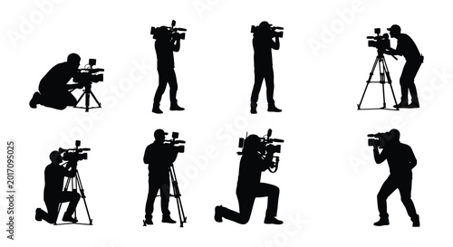 Silhouette of people with video cameras on tripods or handheld