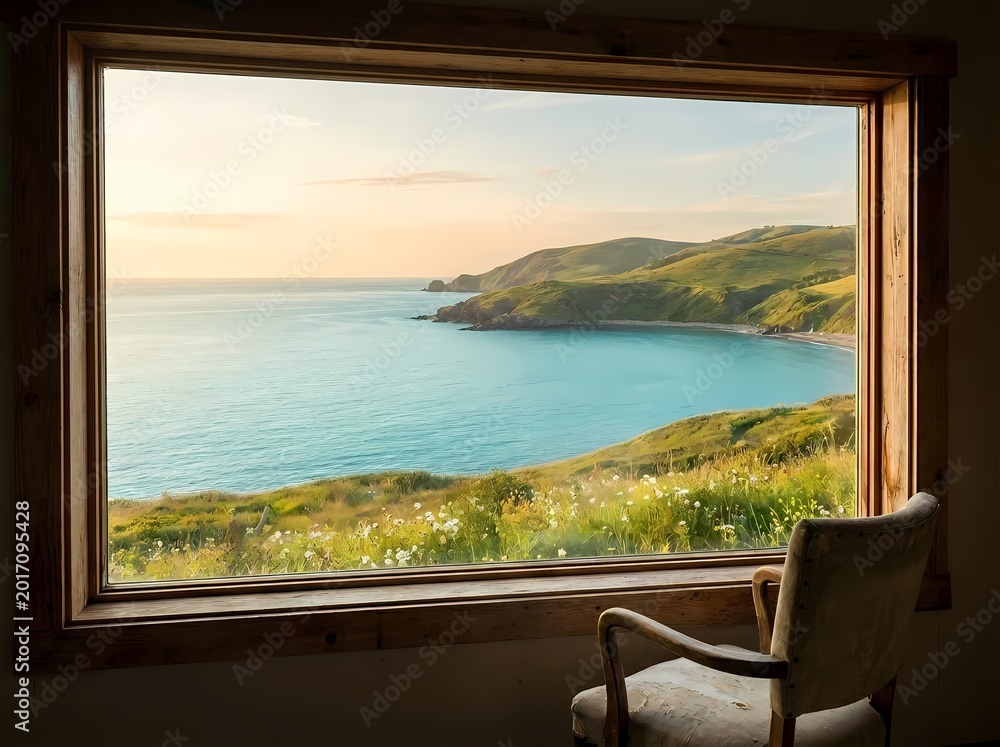 Fototapeta premium Nature is art; a scenic coastal landscape framed like a painting by a rustic wooden window with a vintage chair in the foreground.