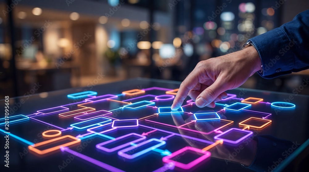 Naklejka premium A hand interacts with a high-tech digital interface featuring glowing diagrams.