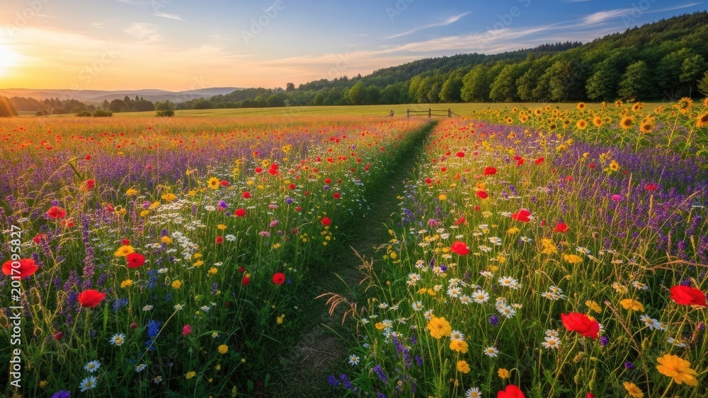 Fototapeta premium Wildflower meadow path at sunrise with golden light and rolling hills
