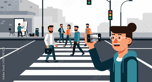 People crossing street and taking photos.