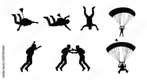 Cuadro en lienzo Silhouette of parachuters with parachutes high-quality professional
