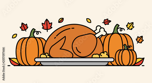 Roasted turkey and pumpkins with autumn leaves for Thanksgiving celebration.