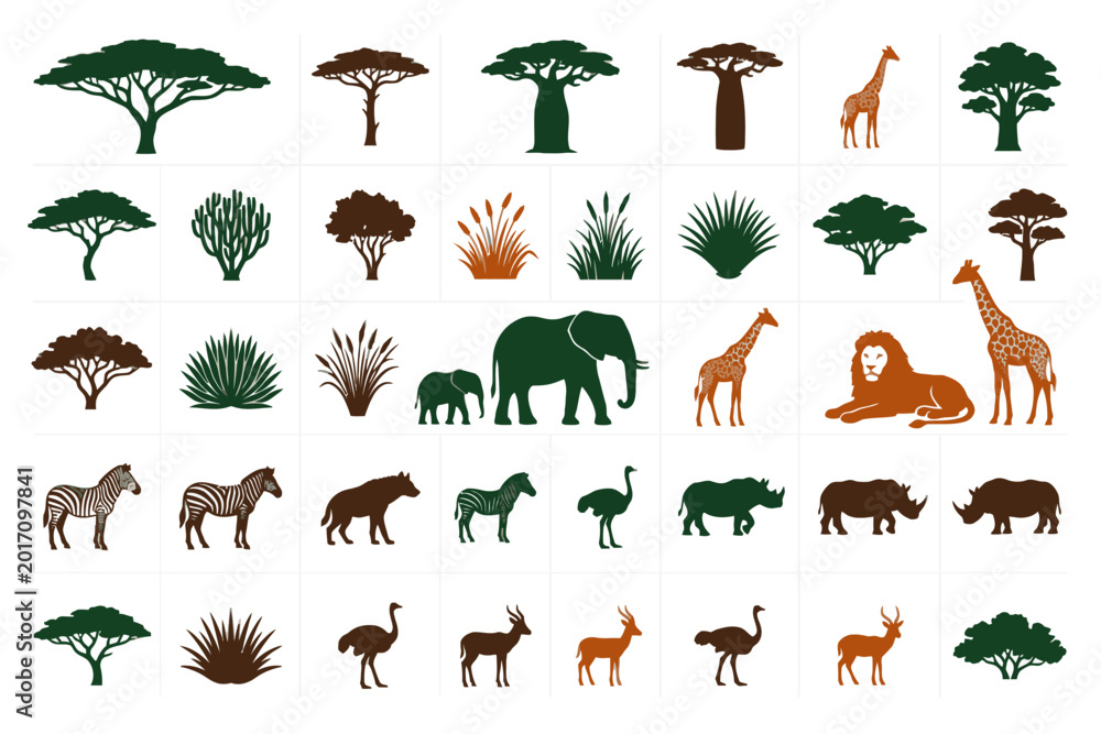 Fototapeta premium African Savanna Animals and Trees Silhouette Vector Collection