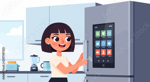 Smart Refrigerator with Touchscreen Interface and Happy Woman.