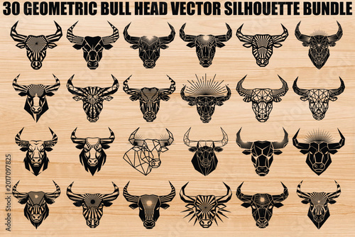 Geometric Bull Head Vector Silhouettes, 30 Piece Bundle, Black Icons, Modern Minimalist Design Elements