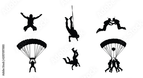 Cuadro en lienzo Silhouette of parachuters with parachutes high-quality professional