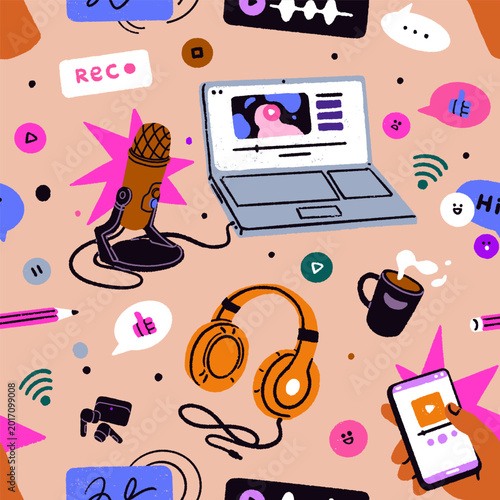 Podcast, live online streaming, seamless pattern. Endless background, repeati...