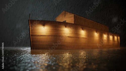 Noah's ship in the rain at night on a dark water surface