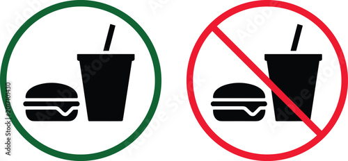 Foto Food and drink allowed icon green circle symbol, prohibited no eating red circle