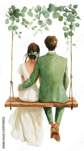 Beautiful Watercolor Illustration of a Bride and Groom Sitting Together on a Wooden Swing Under Green Leaves Romantic Wedding Art Design for Invitations, Greeting Cards, and Bridal Decor