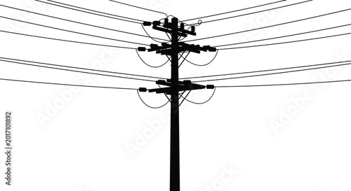 Bild auf Leinwand Silhouette of utility pole with crossarms insulators electrical wires cables tra
