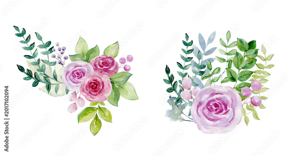 Obraz premium Vector watercolor bouquets of roses on the white background