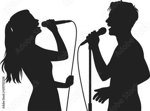 Tableau sur toile Silhouettes of two singers holding microphones facing each other, musical perfor