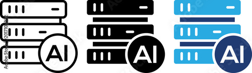 Artificial Intelligence Server Database Icon Set in Outline Glyph and Flat Style for Cloud Computing Data Center and AI Technology