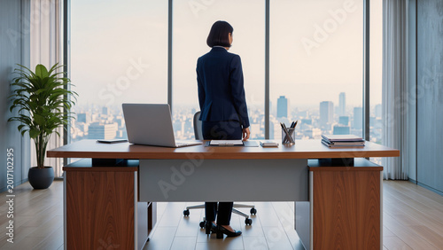Photos Woman stands behind large wooden desk