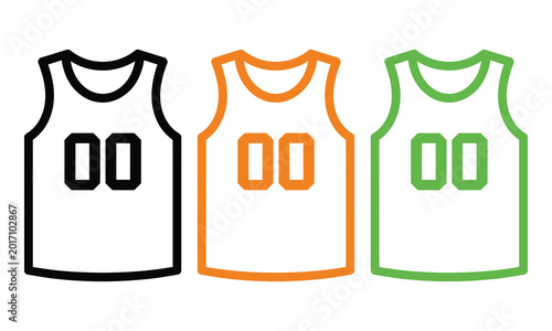Three basketball vests with numbers in black, orange, and green outline